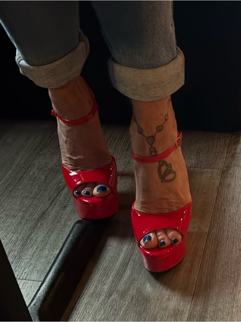 Red Patent Peep-Toe Platform Heels with Ankle Strap